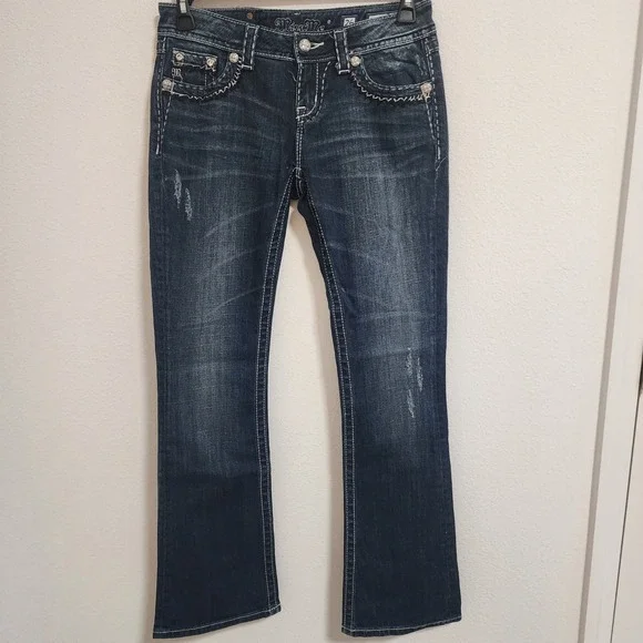 Miss Me Jeans 26 Easy Boot Embellished Dark Wash Denim Low Rise Distressed - Picture 1 of 6